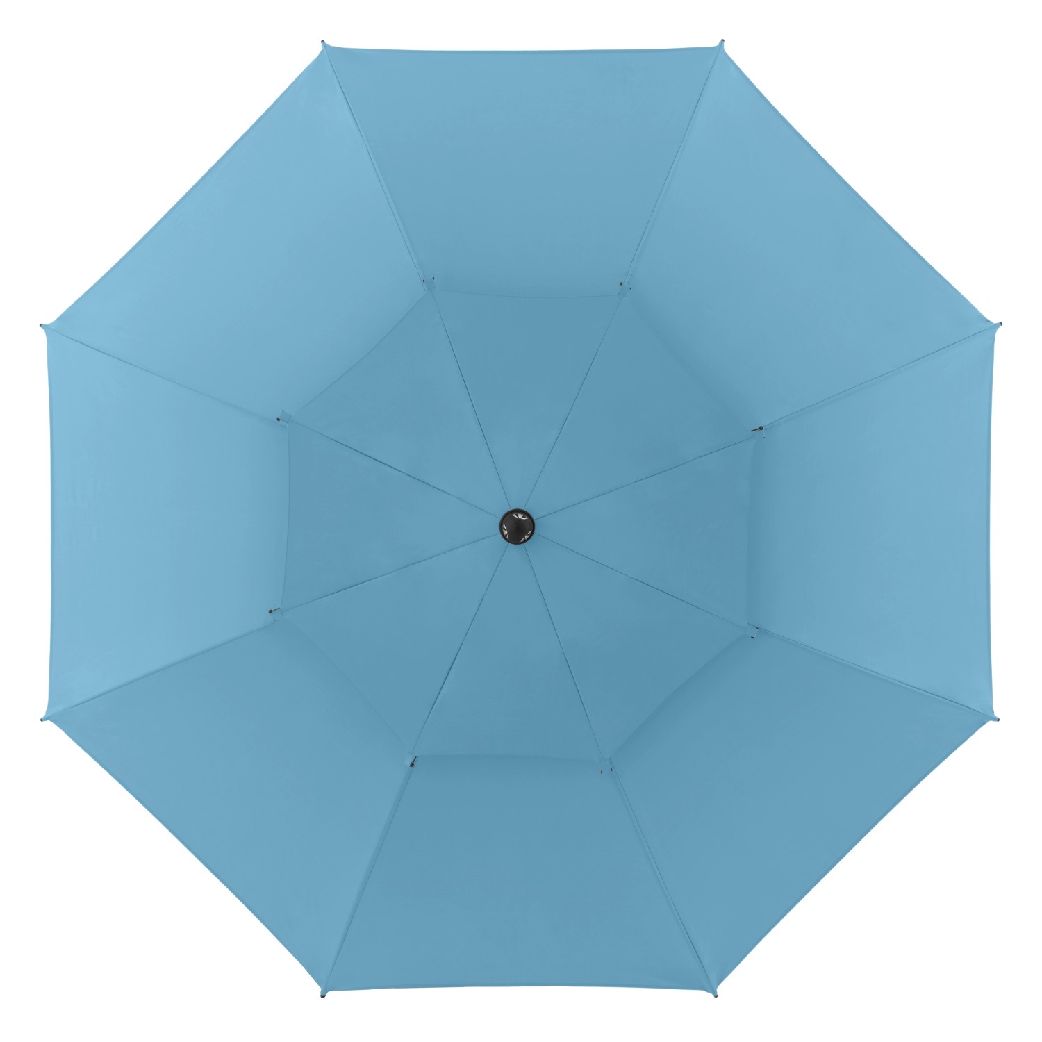 Blauer Doppler Strandschirm Windprofi Neo 200 von unten, ideal für windige Tage am Strand.