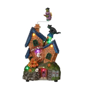 Luville Halloween-Haus mit Hexe, beleuchtet. Dekorative Figur zeigt Spukhaus, Kürbisse, Geist, Katze und "Welcome"-Schild. Batteriebetrieben.
