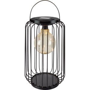 Schwarze Solarlaterne aus Eisen mit warmweißer LED-Beleuchtung und Tragegriff. Dekorative Gartenleuchte.