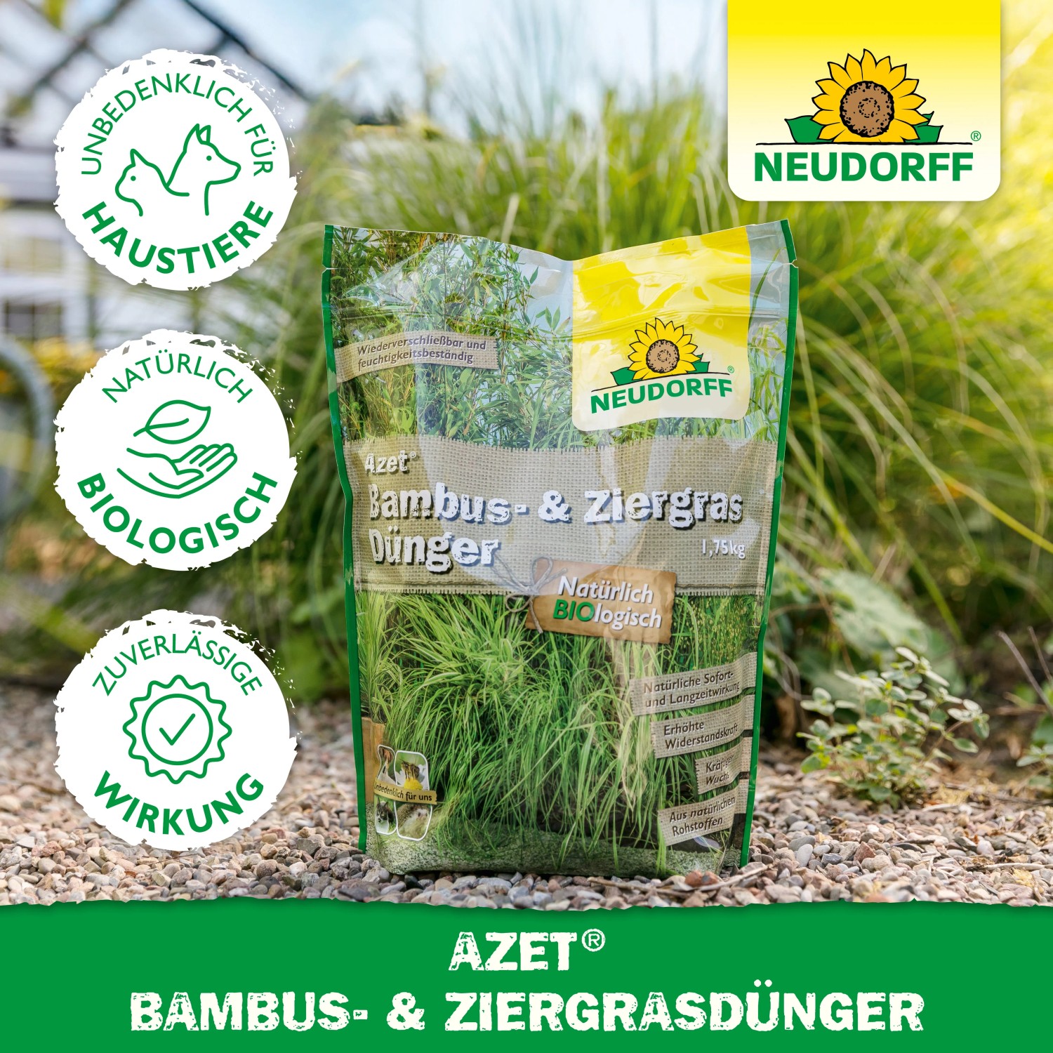 Packung Neudorff Azet Bambus- und Ziergras-Dünger 1,75 kg für kräftiges Wachstum und grüne Blätter.
