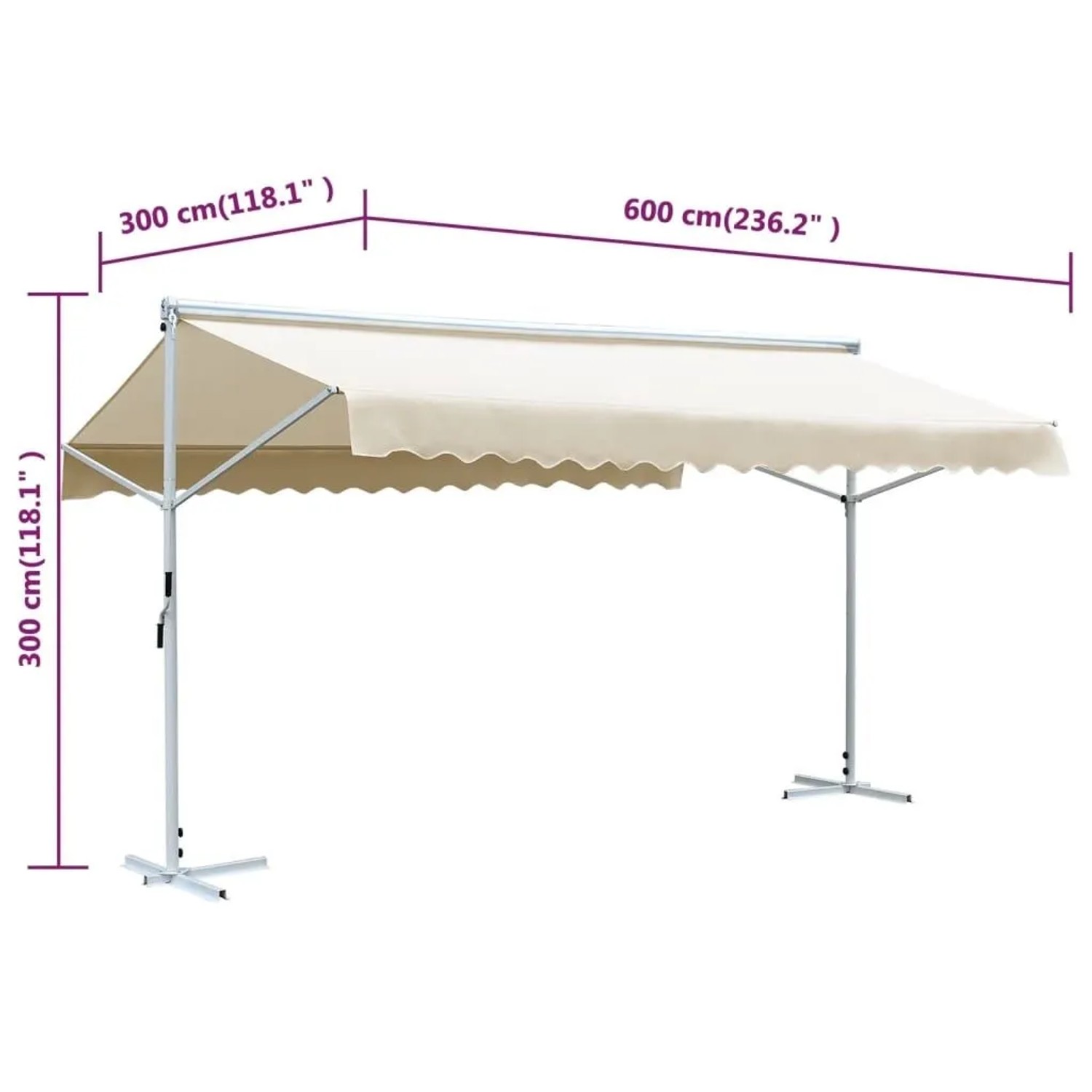 Freistehende, creme-farbene Markise, 600x300 cm, mit Stahlrahmen für Garten und Terrasse.