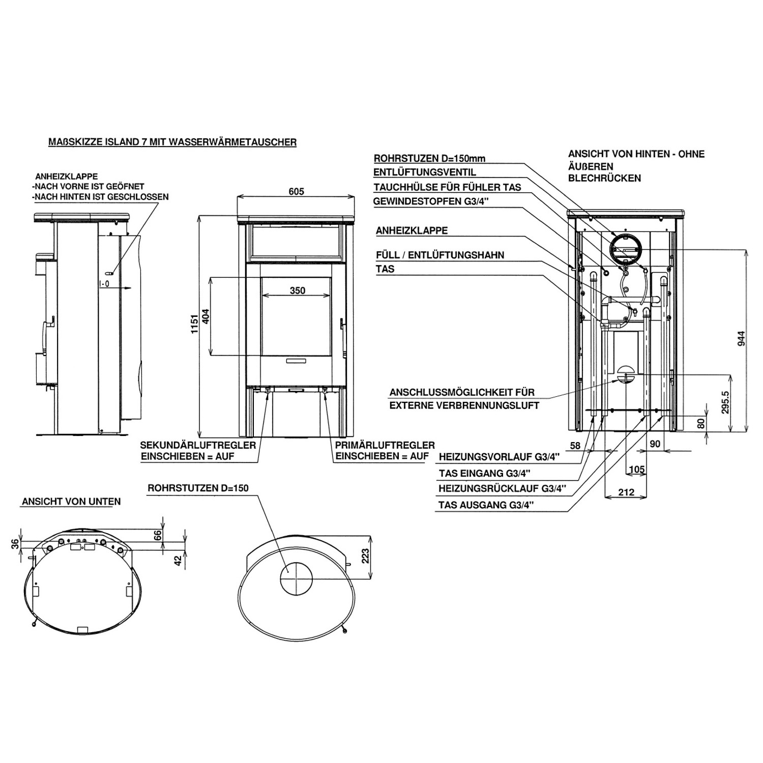 Technische Zeichnung Kaminofen Justus Island Aqua Speckstein mit Maßen und Anschlüssen.