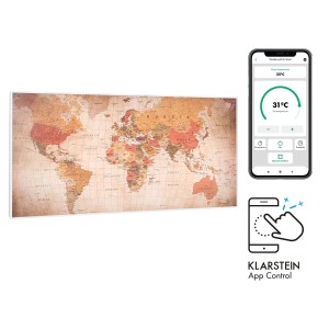 Klarstein Wonderwall Air Art Smart Infrarotheizung 120x60 cm 700 W Wandinstallation App-Steuerung Motiv Weltkarte Weiß