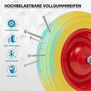 Wiltec Schubkarrenrad 4.00-8, pannensicherer Polyurethan Vollgummi Reifen, gelb-rot, 160kg Tragkraft.
