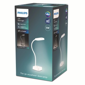 Verpackung der weißen Philips Rock LED Schreibtischleuchte mit Akku und USB-Ladefunktion.