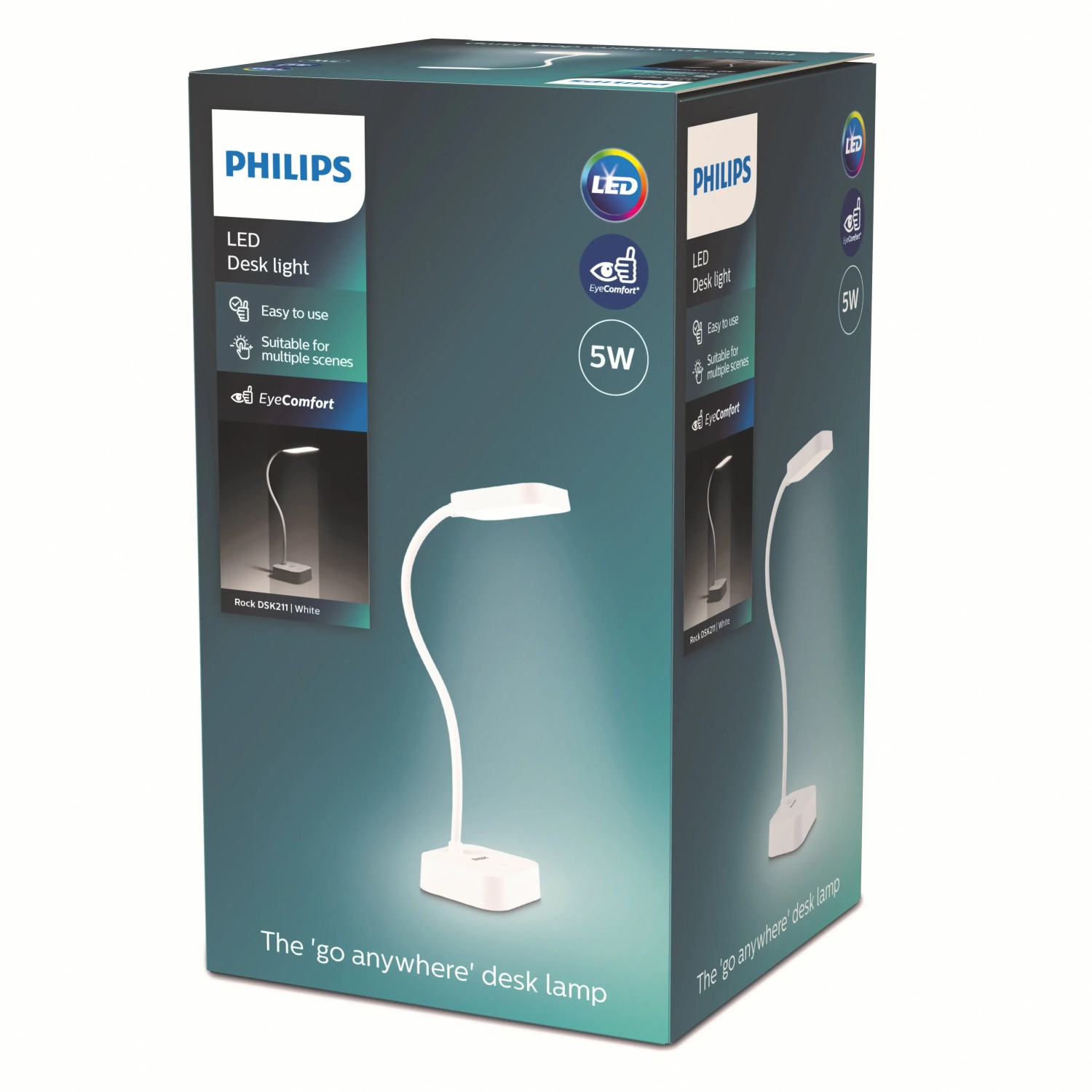 Verpackung der weißen Philips Rock LED Schreibtischleuchte mit Akku und USB-Ladefunktion.