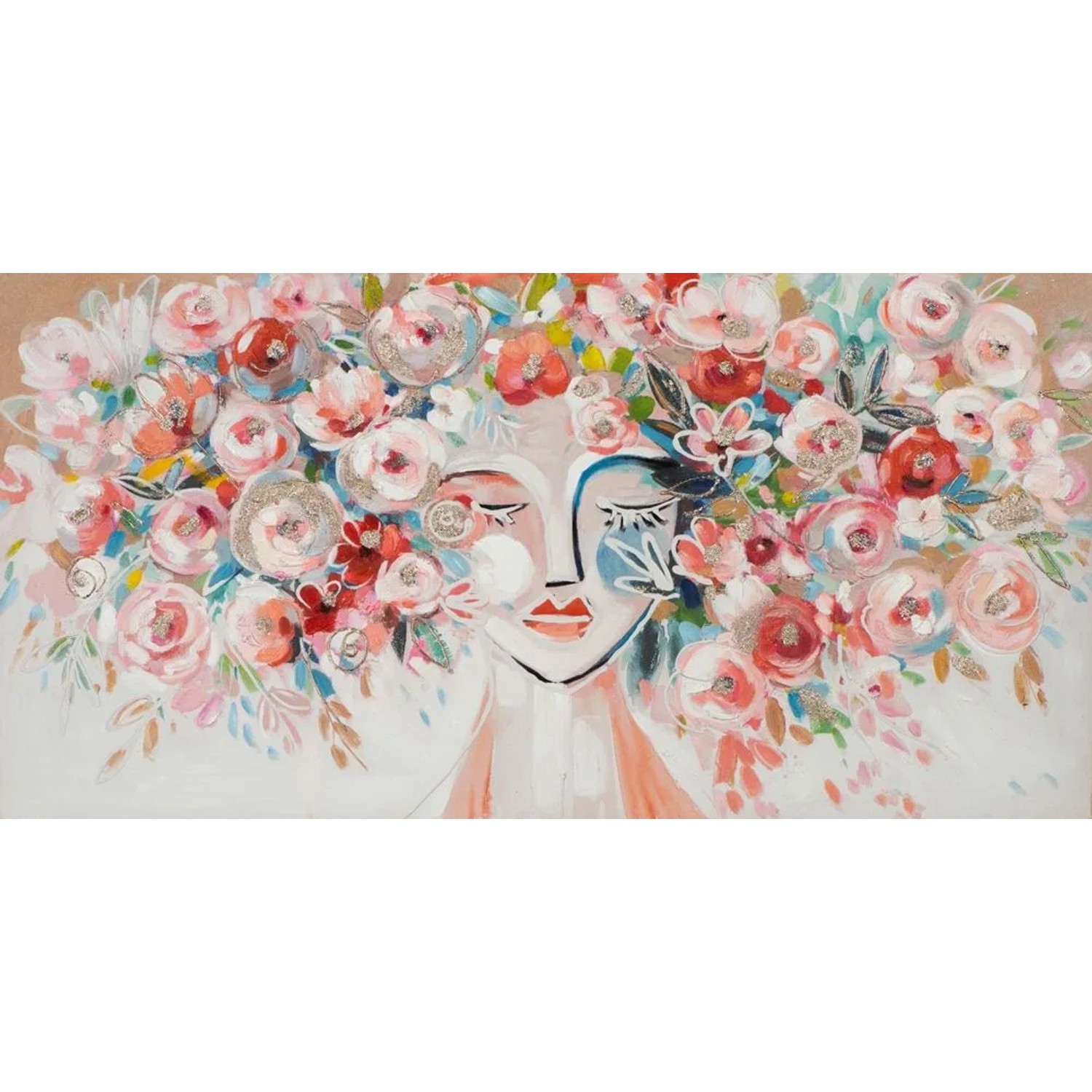 Art Universe Leinwandbild Frau mit Bunten Blumen 70 x 140 cm