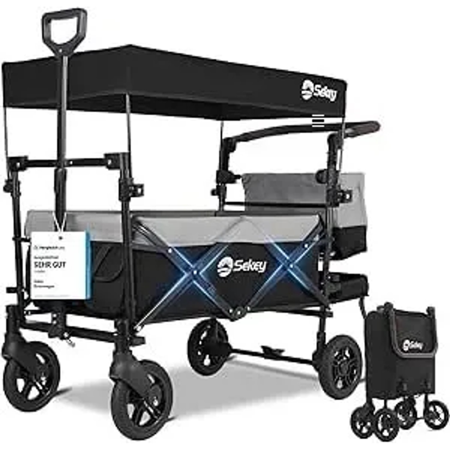 Sekey Bollerwagen Faltbar mit Dach 2 Kinder 100KG Grau mit Schwarz