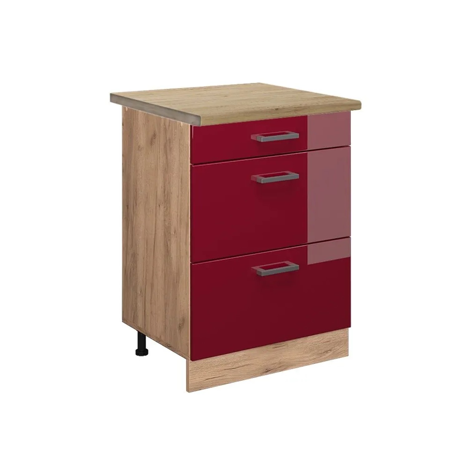 Vicco Küchenunterschrank R-Line Rot Hochglanz 60 x 82 mit Schubladen AP Eiche Opt3
