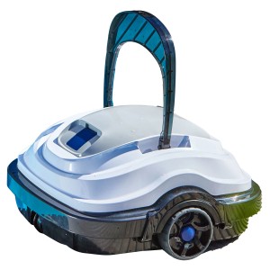 Akku-Poolroboter Orca 45 CL in Weiß und Schwarz mit blauem Griff für die Poolbodenreinigung.