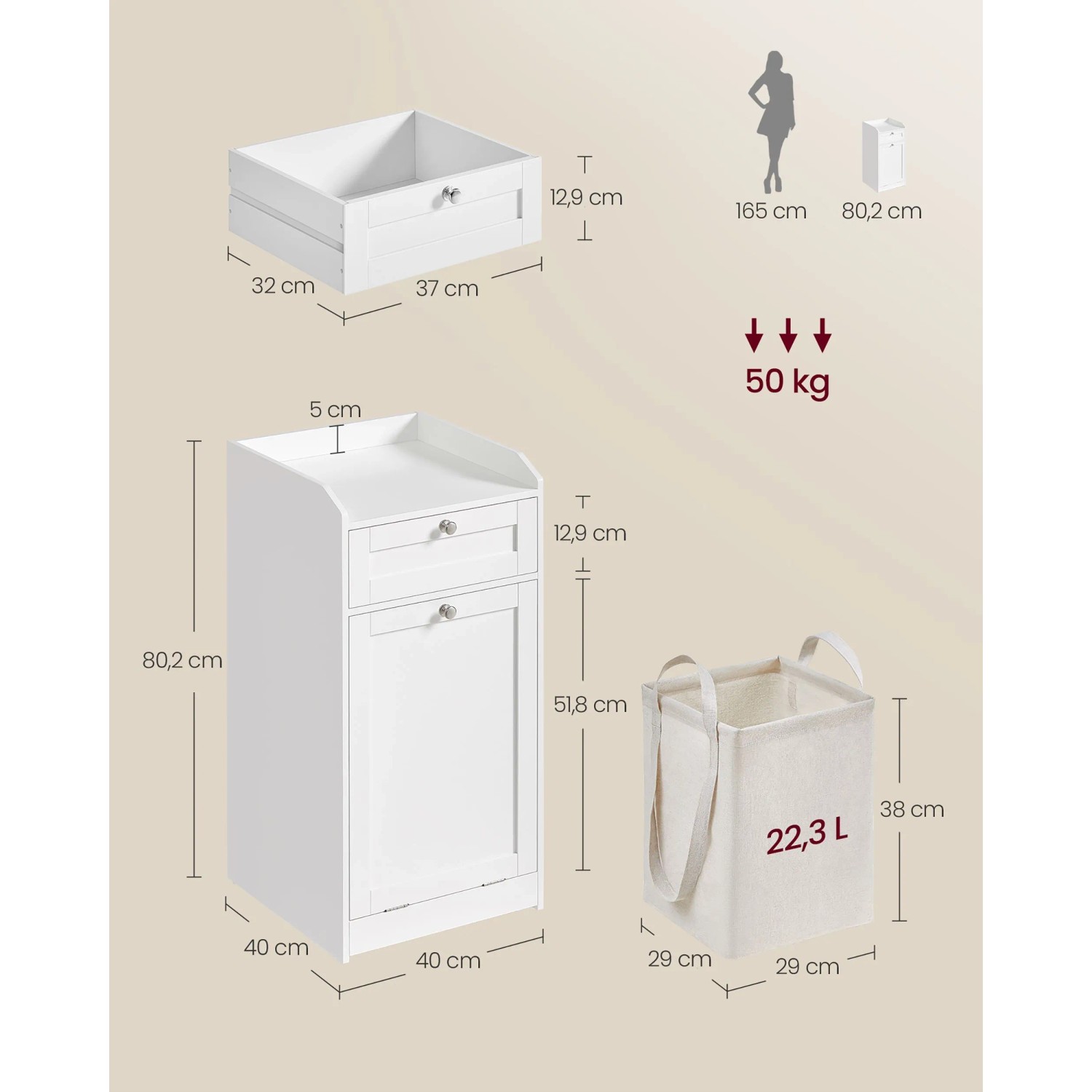 Songmics Badezimmerschrank Siren, weiß, mit Schublade und Wäschesammler, Maße