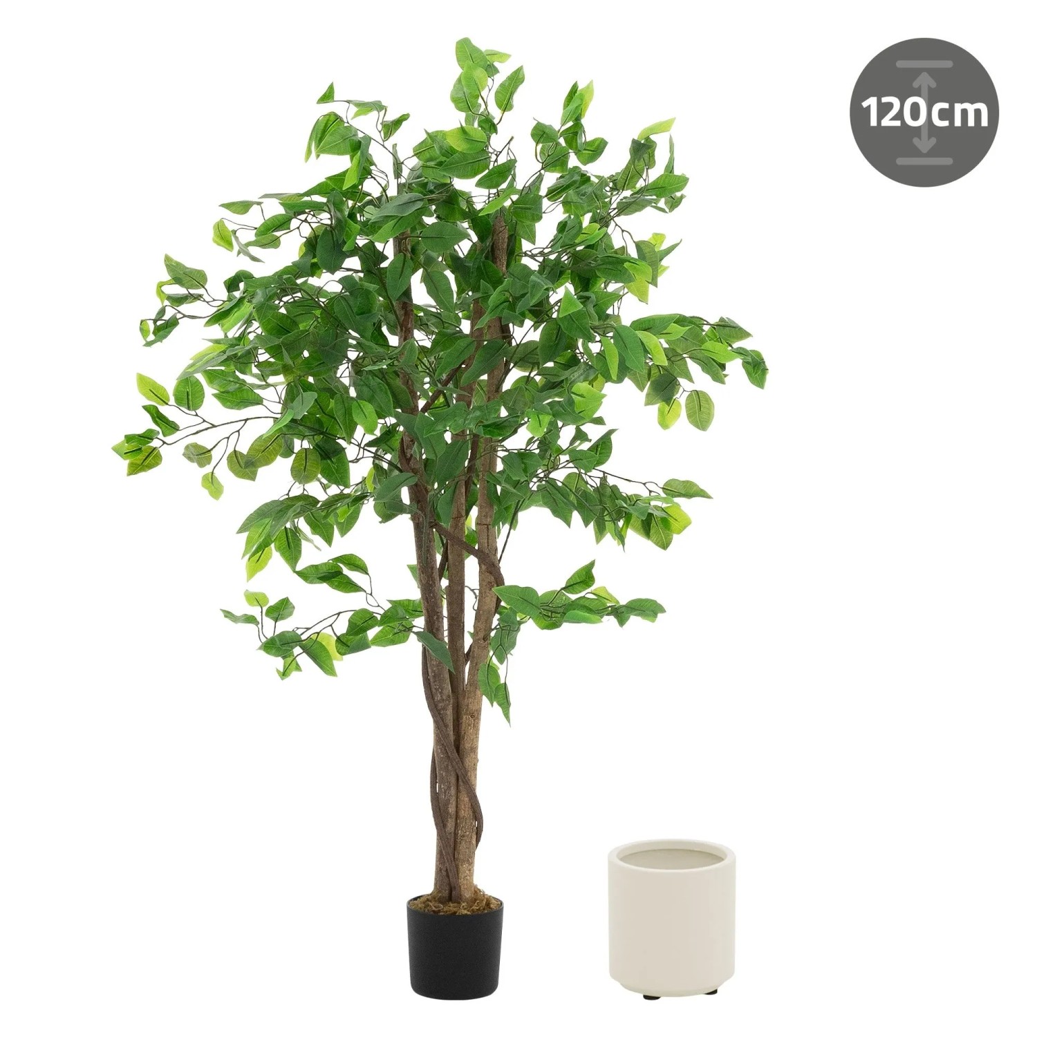 ML-Design Kunstpflanze Ficus 120 cm mit grünem Blattwerk, Naturholzstamm, schwarzem und weißem Übertopf.