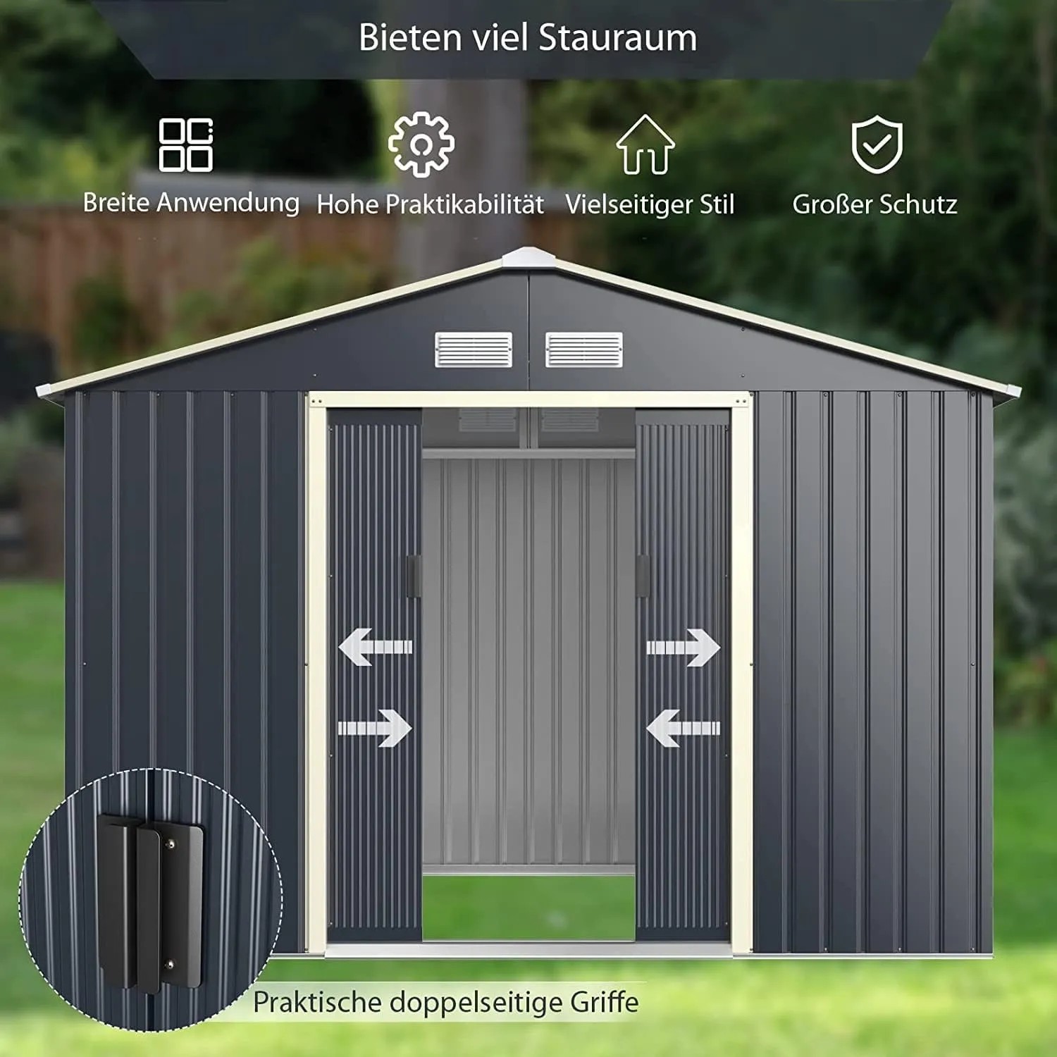 Costway Gerätehaus aus Metall, 340x255x210 cm, mit Schiebetür und Lüftung.