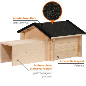 Dobar Igelhaus Tartu aus Holz mit abnehmbarem Bitumendach, langem Eingang und Stecksystem für Igelschutz.