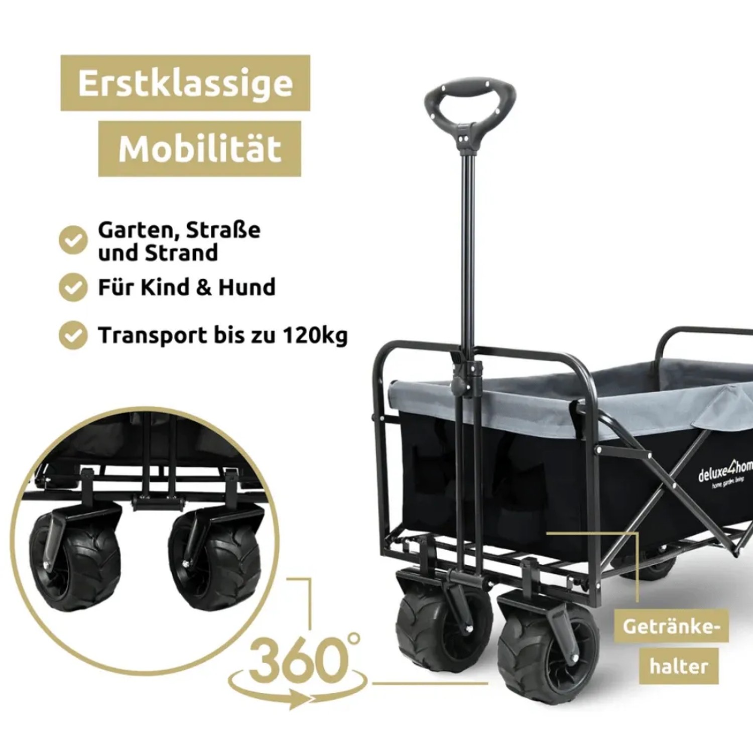 Faltbarer Bollerwagen CALLI mit breiten Reifen, Handwagen für Camping und Transport bis 120kg.