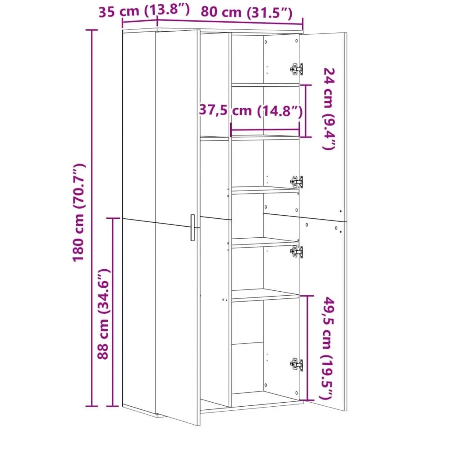 Weißes Highboard vidaXL, 80x35x180cm, aus Holzwerkstoff mit offenen und geschlossenen Fächern.