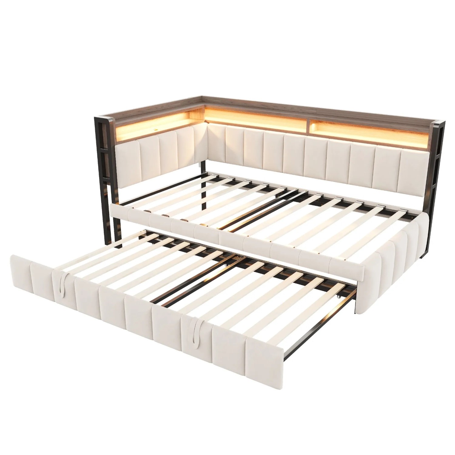 Merax Schlafsofa 90x200cm Ausziehbett LED USB Samt Beige