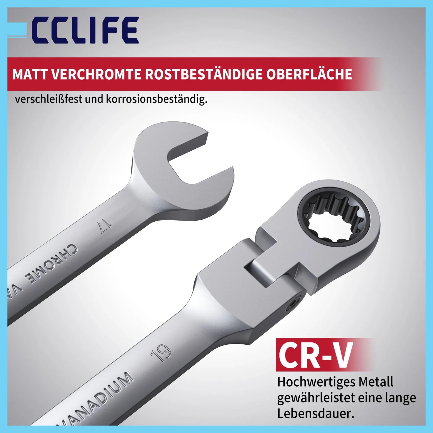 Matt verchromter Gelenk-Ratschenschlüssel aus Cr-V Stahl mit Maulschlüssel und Ringratsche, rostbeständig.