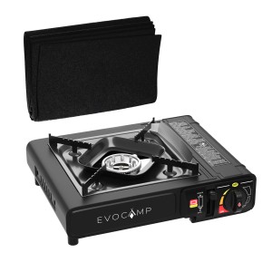 Evocamp Camping Gaskocher 1-flammig mit feuerfester Unterlage und Tragekoffer.
