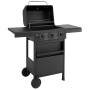 Schwarzer Taino Compact 3+0 Gasgrill mit 3 Brennern, geöffnetem Deckel, klappbaren Seitenablagen und Rädern. Ideal für Balkon.