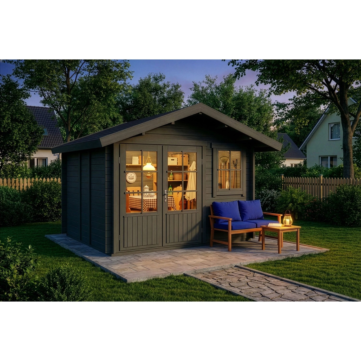 Graues Alpholz Gartenhaus Palermo 331x331cm mit Doppeltür und Fenster im Garten.