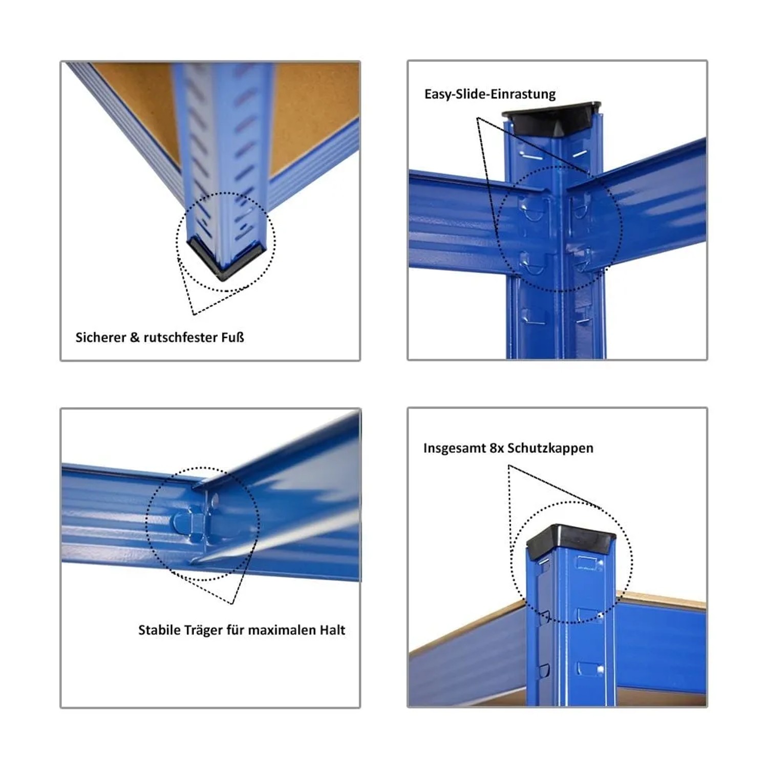 Details des blauen PROREGAL Schwerlastregals Taurus: Fuß, Träger, Easy-Slide-System, Schutzkappen.