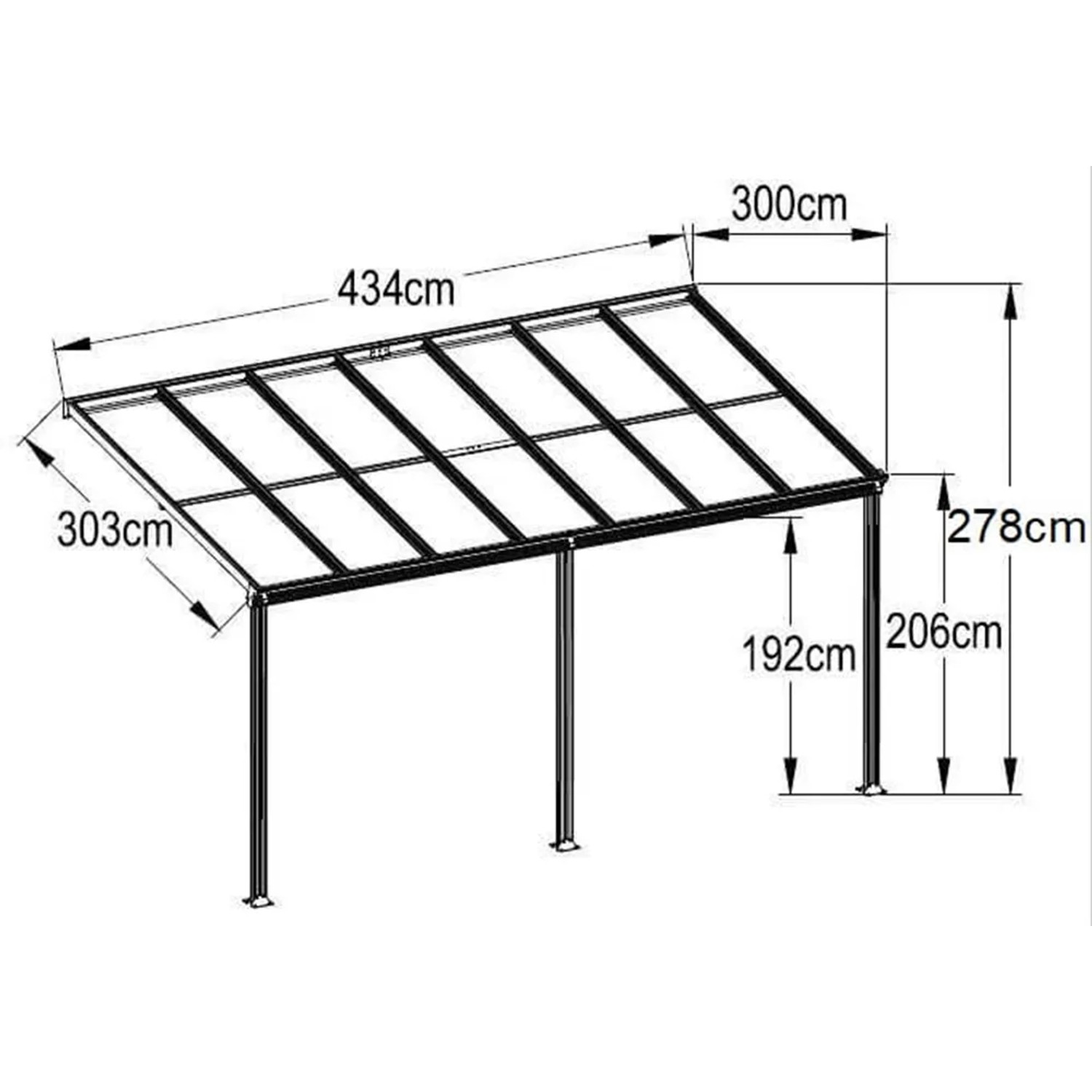 Technische Zeichnung der Home Deluxe Terrassenüberdachung Solis Alu in Anthrazit mit Maßangaben.