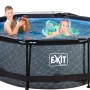 Grauer EXIT Stone Pool ø 244 cm mit Filterpumpe, Abdeckung und spielenden Kindern.