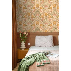 ESTAhome Tapete Blumen und Vögel im Jugendstil Orange und Grün 50 x 900 cm
