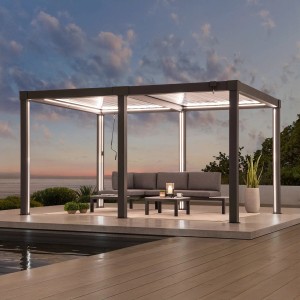 Anthrazitfarbene Sunjoy Multi-Pergola Matterhorn mit LED-Beleuchtung und Lounge-Möbeln.