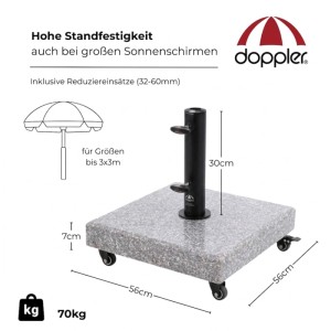Heller Granit Schirmständer (70 kg) mit Rollen für Sonnenschirme, Maße 56x56x7 cm.