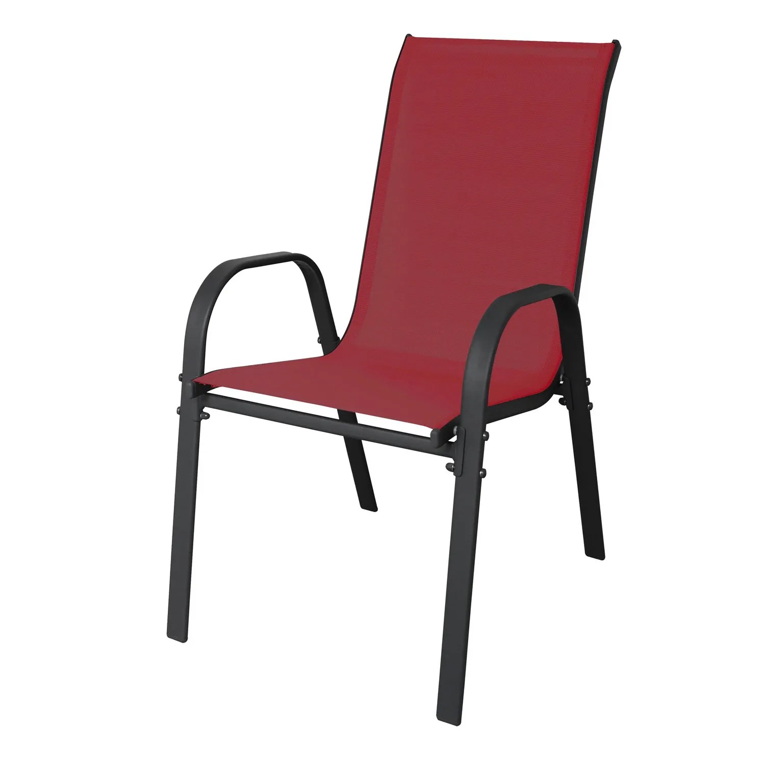 Stapelbarer, roter Mojawo Gartenstuhl mit Textilbespannung und anthrazitfarbenem Metallgestell.