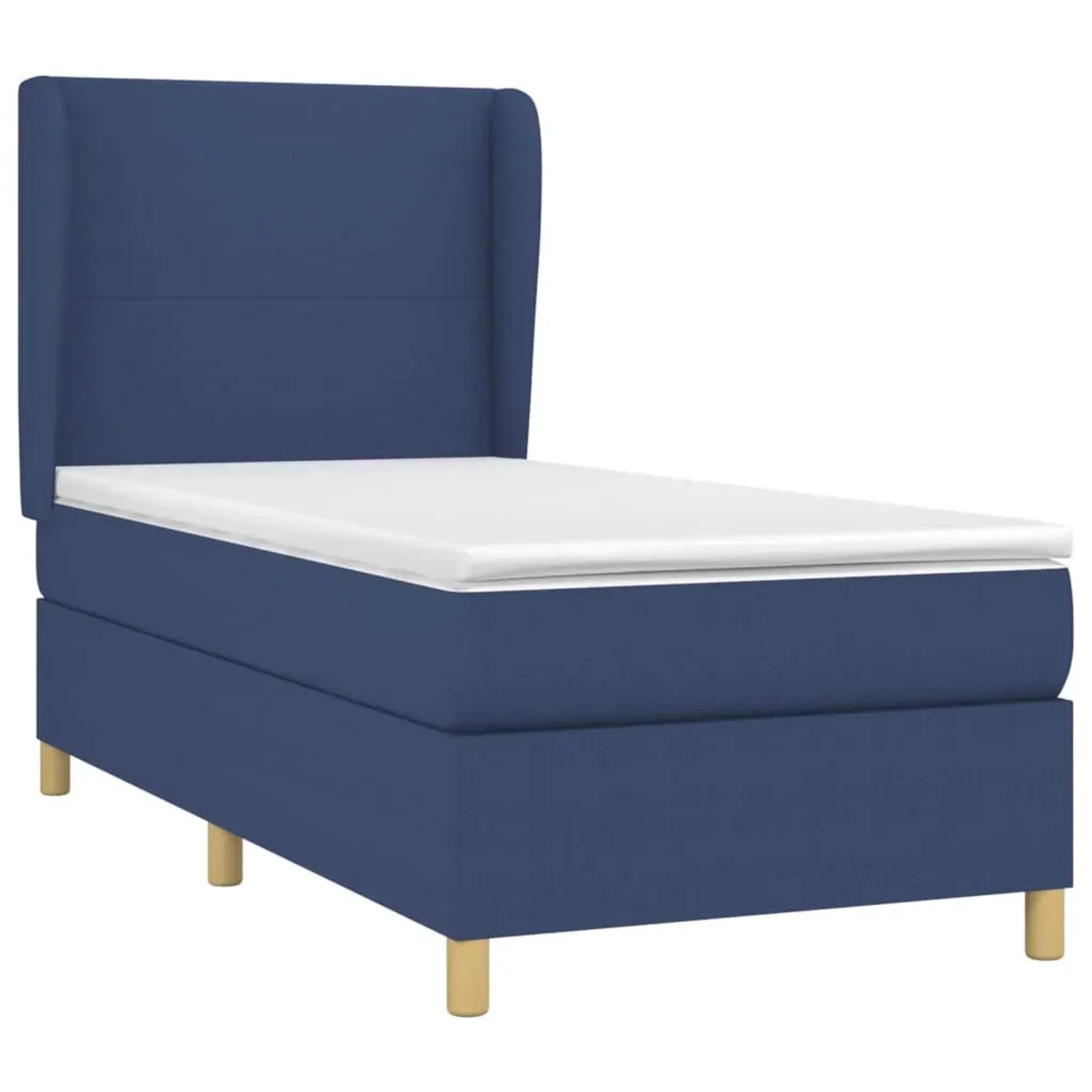 Blaues Boxspringbett (90x190 cm) mit Matratze und Kopfteil. Stoffbezug.