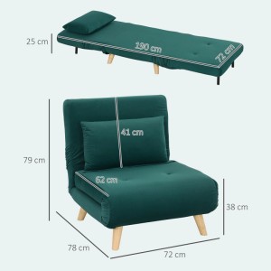HOMCOM 3-in-1 Schlafsessel in Dunkelgrün, als Sessel und ausgeklapptes Bett mit Maßen. Platzsparend, mit Lendenkissen.