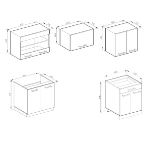 Skizze der Vicco R-Line Küchenzeile, 200 cm, weiß hochglanz, ohne Arbeitsplatte, verschiedene Module.
