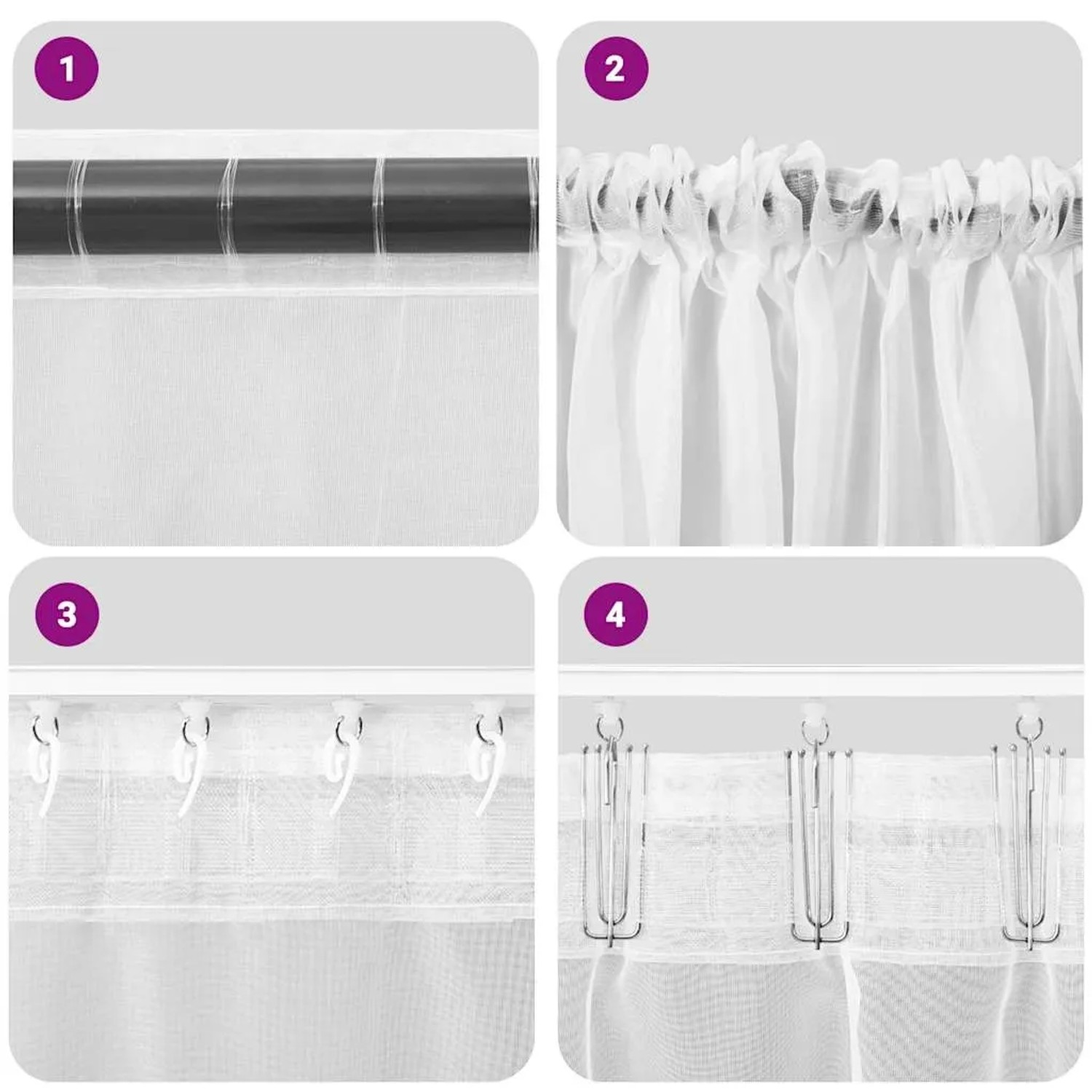 Dunkelgraue Voile Vorhänge mit Stangentaschen (2 Stk.) für Fenstervorhänge, verschiedene Aufhängungsarten.