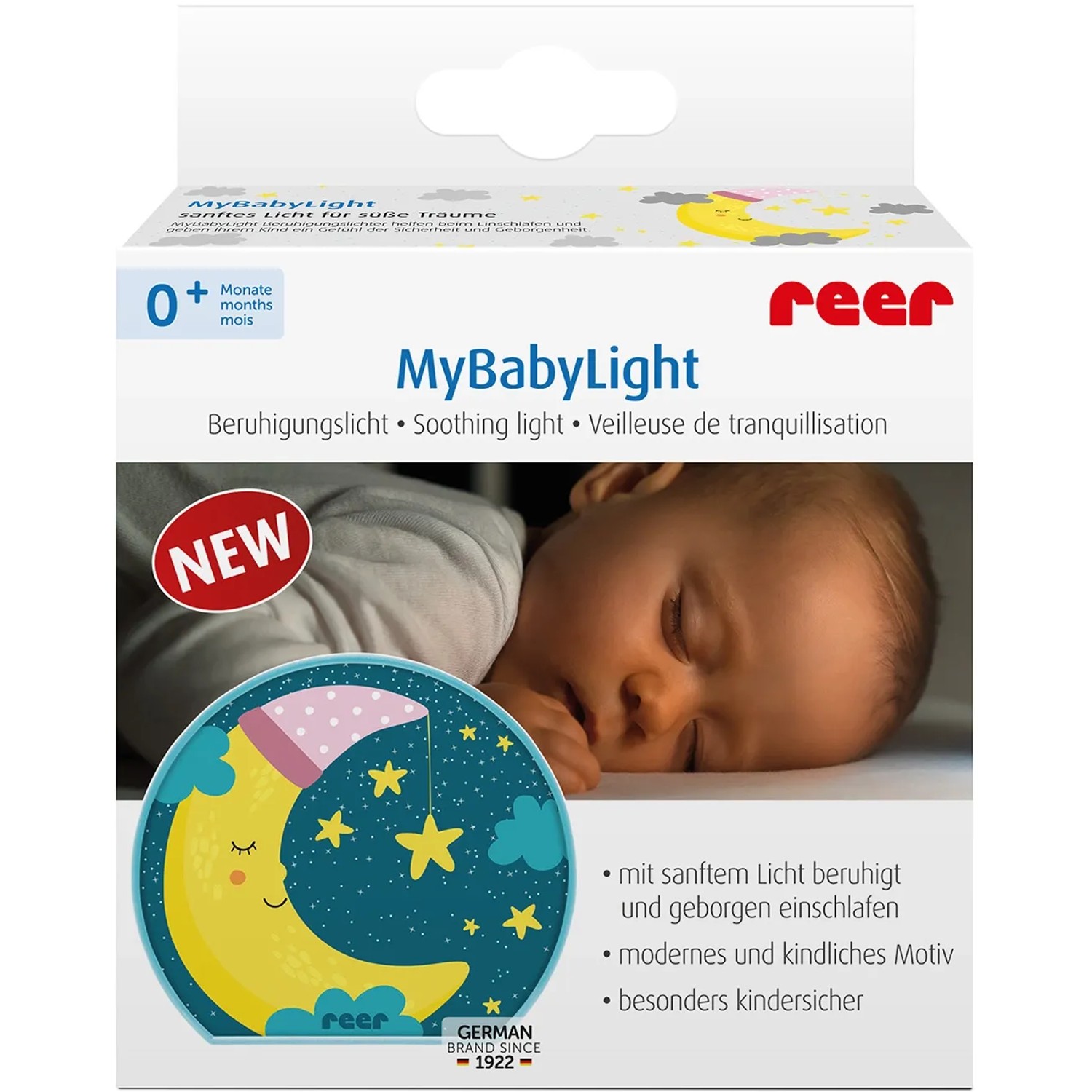 Reer Nachtlicht MyBabyLight Mond, blau, mit Mond-Motiv für Babys und Kinder.