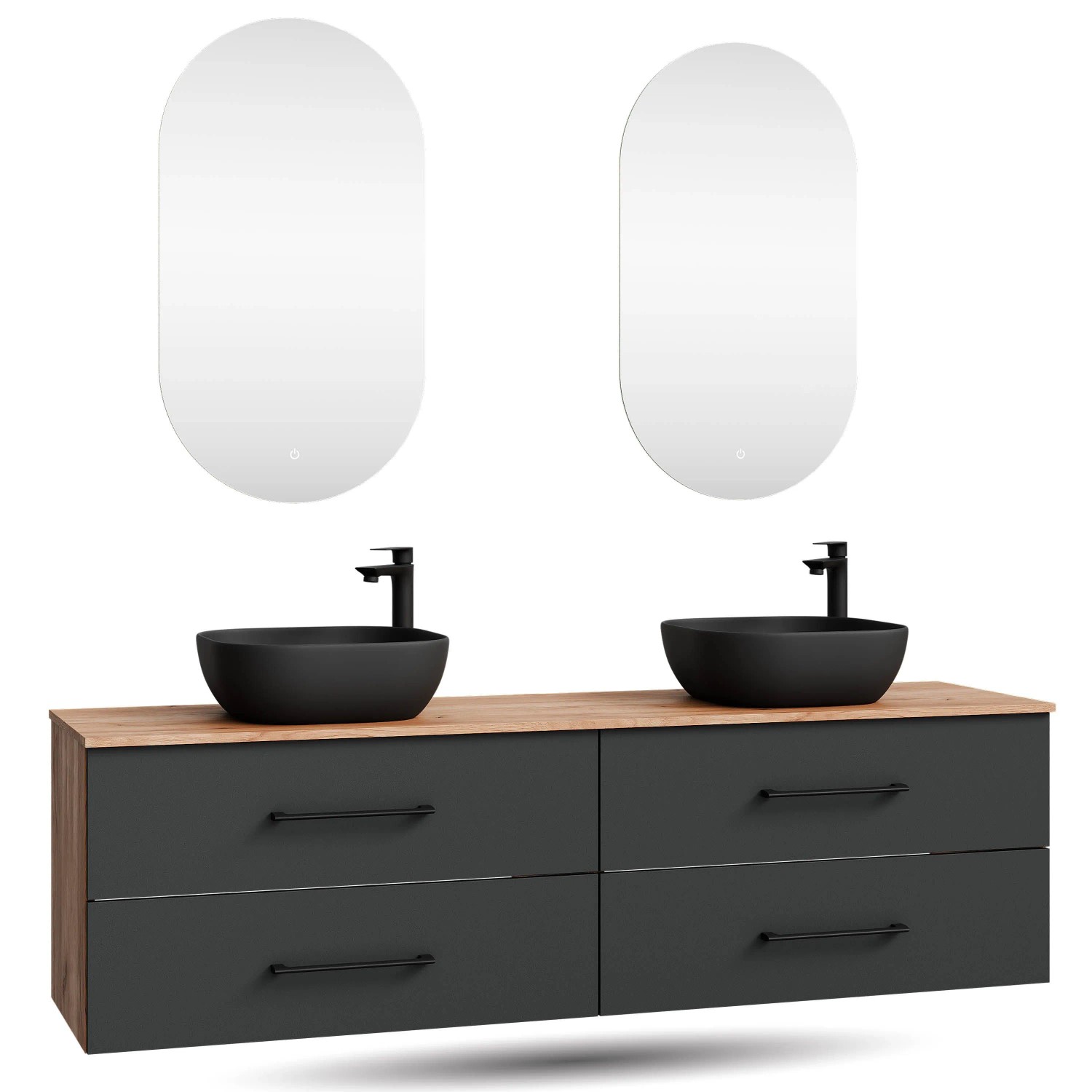Planetmöbel LUX Doppelwaschtisch 180 cm mit 2 Aufsatzwaschbecken 42,5 cm Schwarz 2 LED Spiegel Soft Close
