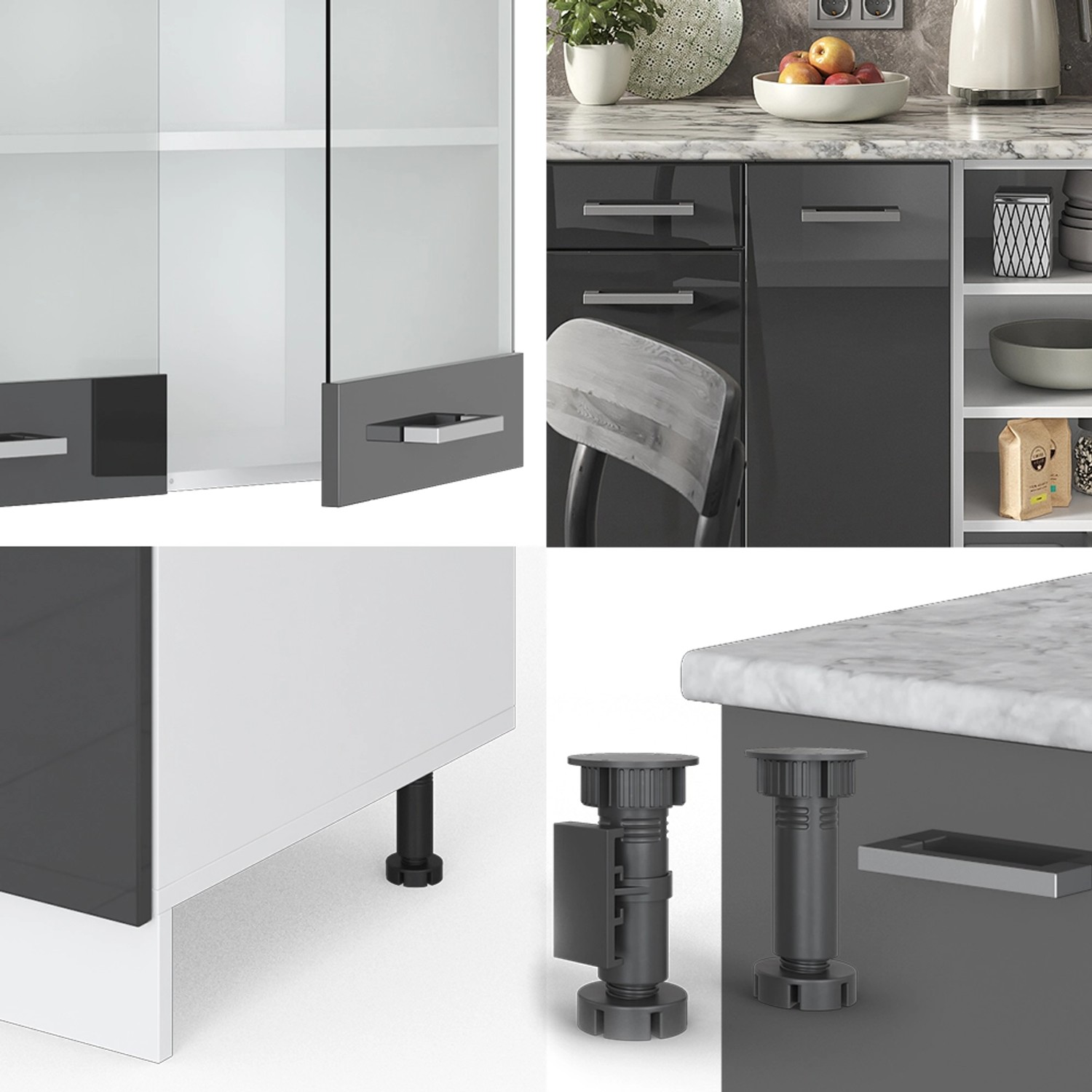 Vicco R-Line Küchenzeile in Anthrazit Hochglanz/Weiß mit Eiche Arbeitsplatte, 240 cm breit.