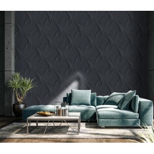 Anthrazitfarbene Vliestapete mit Wellenmuster im Wohnraum. Guido Maria Kretschmer Fashion for Walls.