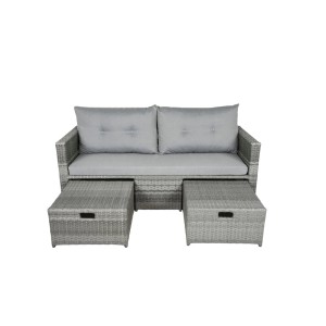 DELUKE Gartensofa TRIER, schilfgraues Loungeset mit zwei Hockern.