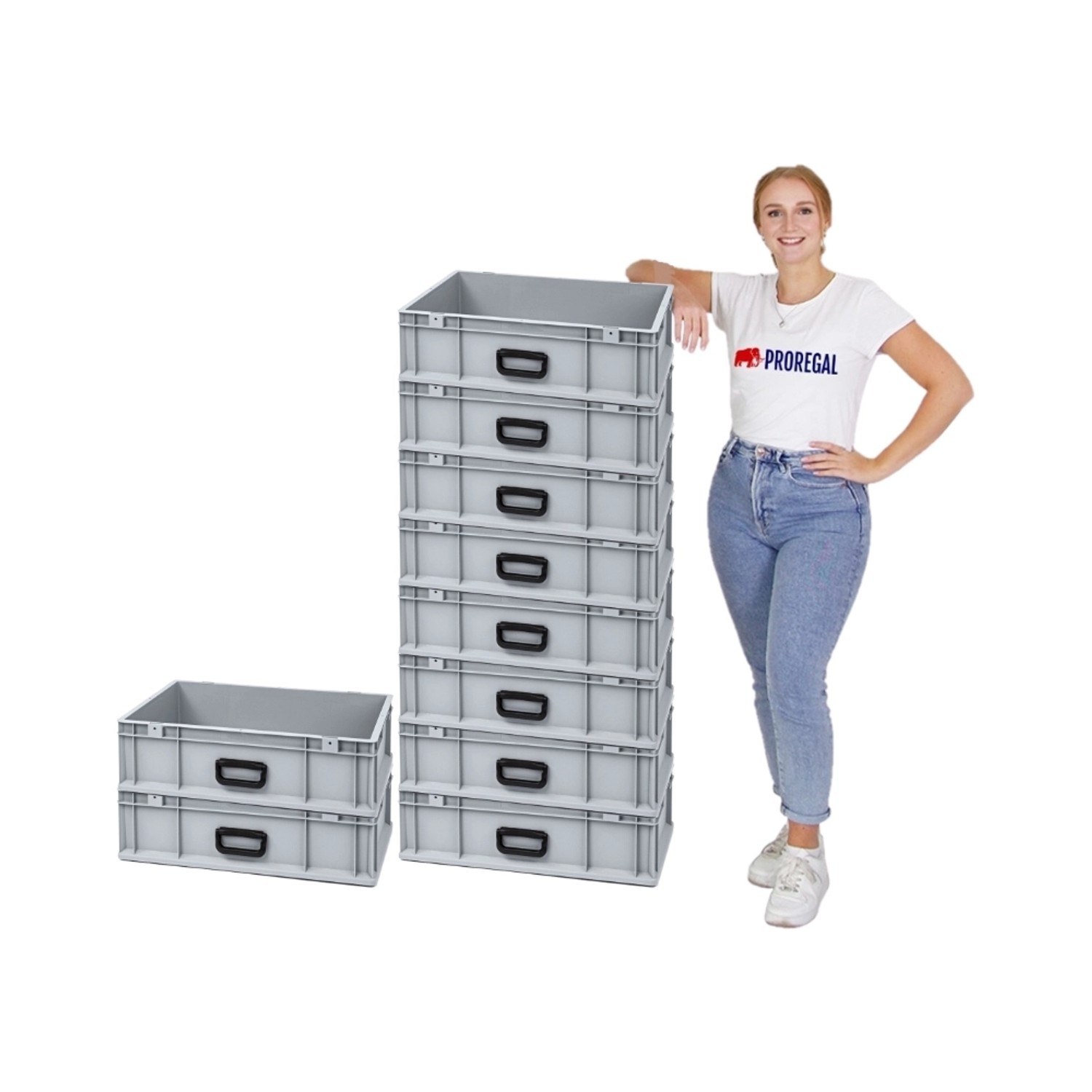 Graue PROREGAL Euroboxen Nextgen, gestapelt und einzeln, mit Frau zur Größenorientierung.