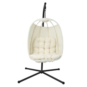 Beiger Svita Nelly Hängesessel mit schwarzem Gestell, klappbarer Hängekorb für Gartenmöbel.