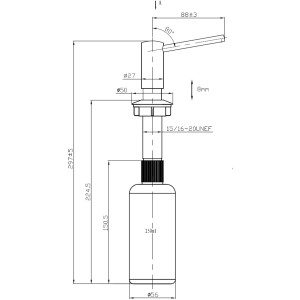 Technische Zeichnung: Pyramis Einbau-Seifenspender, verchromt, mit Maßangaben für den Einbau in Spüle/Arbeitsplatte.