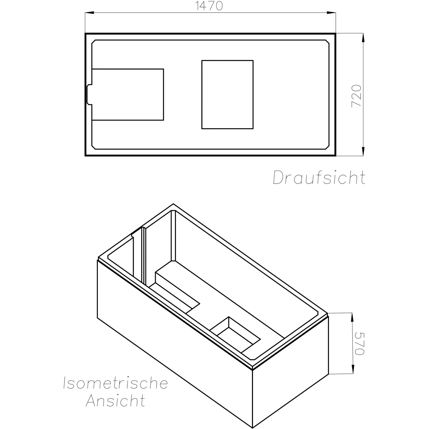 Technische Zeichnung Ottofond Wannenträger Viva 150 cm, Draufsicht und isometrische Ansicht.