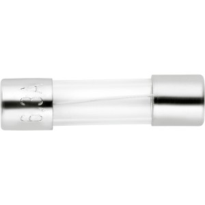 Feinsicherung 6,3 A, träge, 2 Stück, mit Glasrohr und silberfarbenen Endkappen.