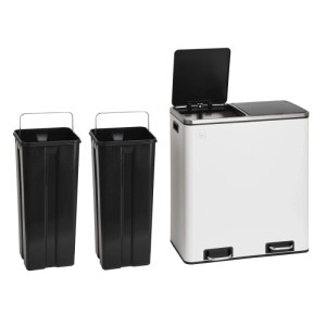 Weißer Svita Treteimer 60L für Mülltrennung, mit zwei schwarzen Inneneimern und geöffnetem Deckel. Ideal für Küche.