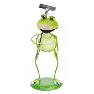 Grüner Deko-Frosch aus Metall mit Leuchtstein, 16 cm hoch, für die Gartendekoration.