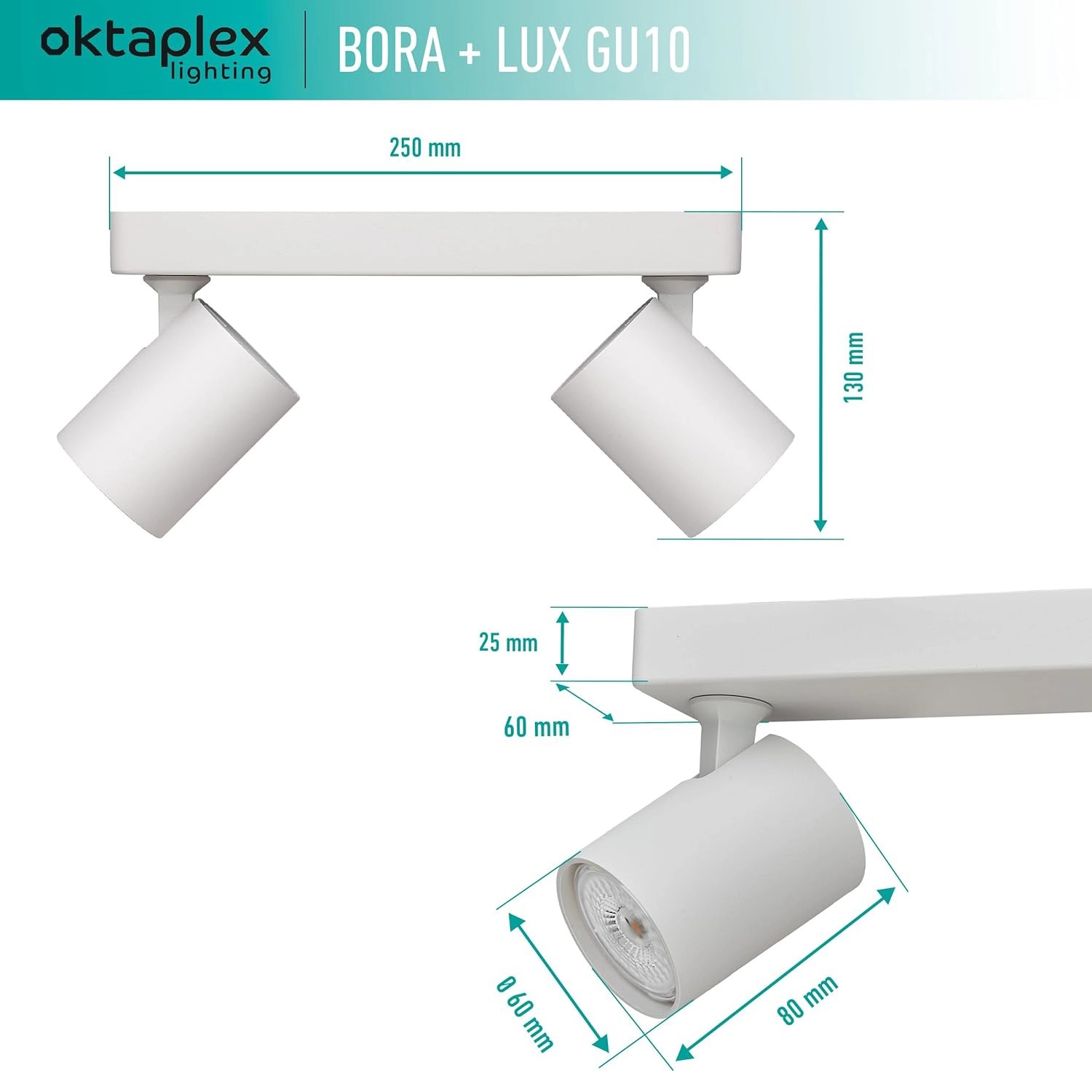 Weißer, dimmbarer 2-flammiger LED Spotbalken Bora von Oktaplex mit GU10 Leuchtmitteln.