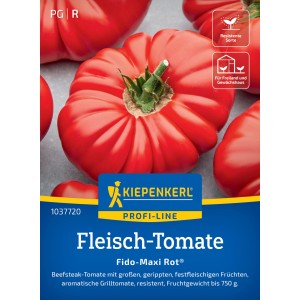Kiepenkerl Fleisch-Tomate Fido-Maxi Rot F1-Hybride, rote, gerippte Tomate auf der Samenpackung.